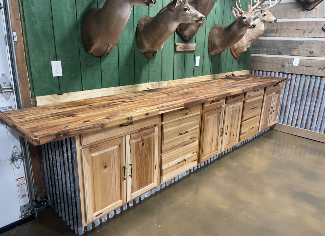 In-store hickory butcher block counter and cabinets on display