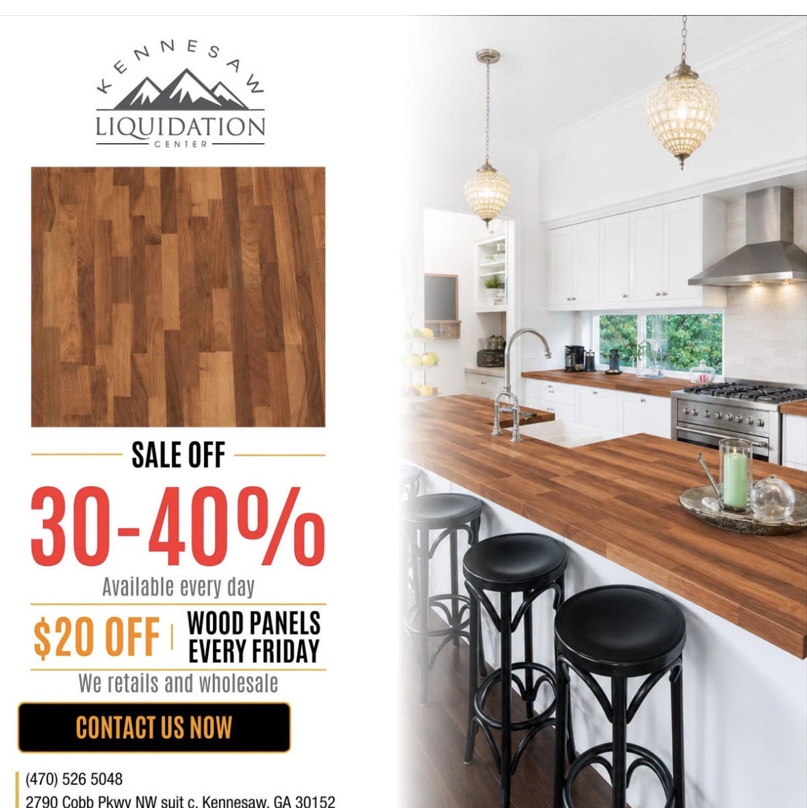 Premium wood panel countertops with 30–40% off and $20 off every Friday