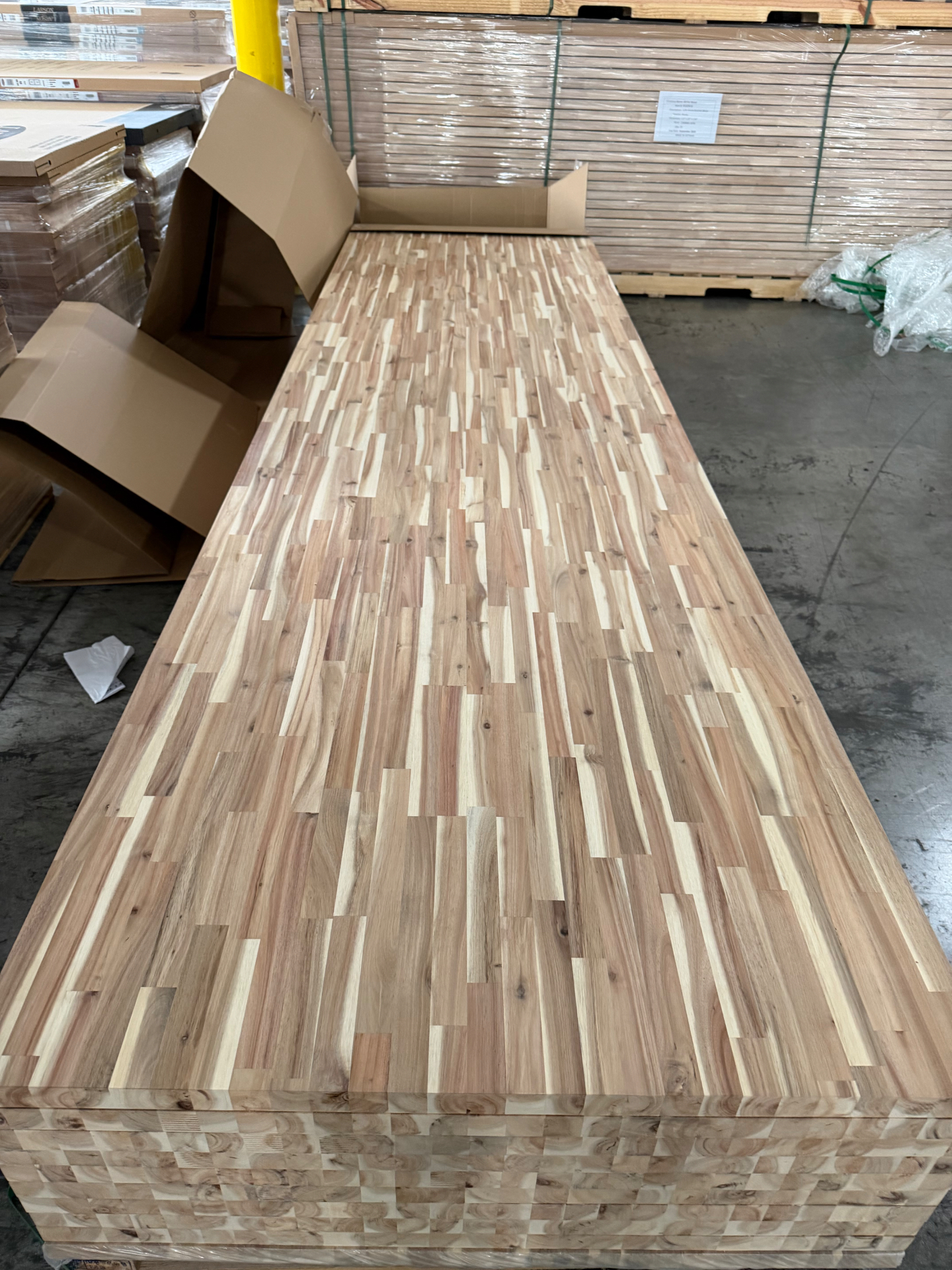 Packaged butcher block countertop slab ready for pickup