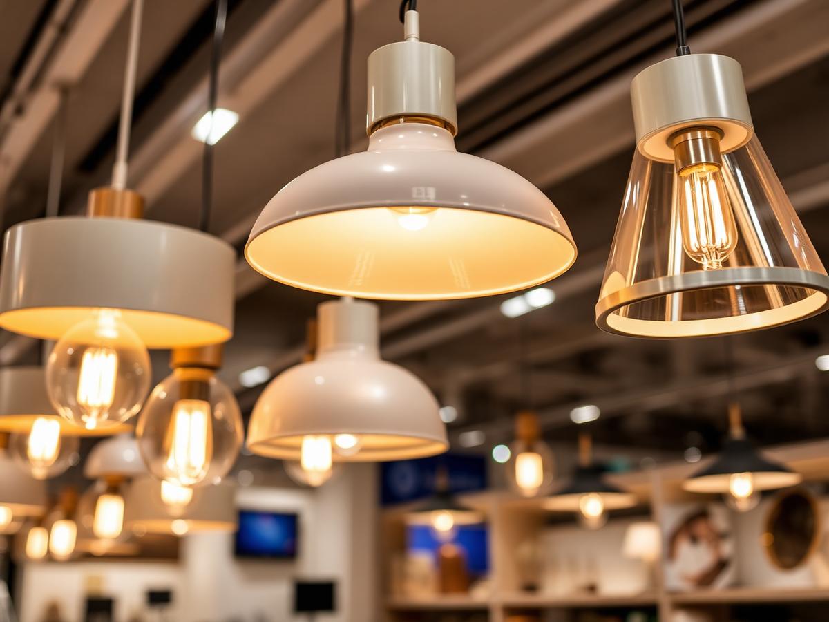 Discounted pendant lights and fixtures glowing on display at Kennesaw Liquidation Center