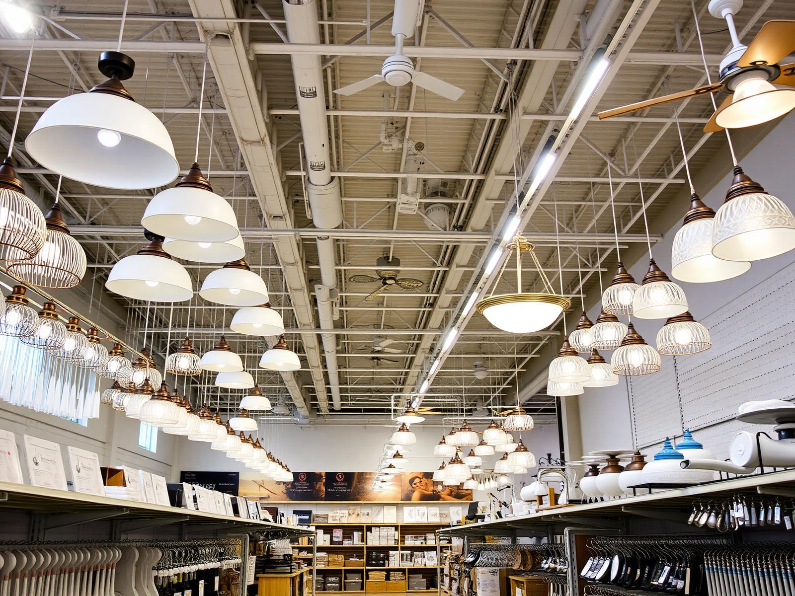 Kennesaw Liquidation Center showroom filled with discounted lighting fixtures and ceiling fans